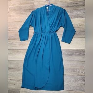 Willi Of California Vintage Teal Faux Wrap Long Sleeve Vneck Dress Size 12